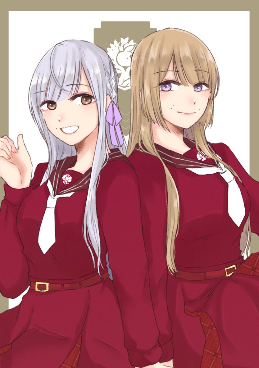 2girls, :d, arm_at_side, arms_at_sides, assault_lily, bangs, belt, belt_buckle