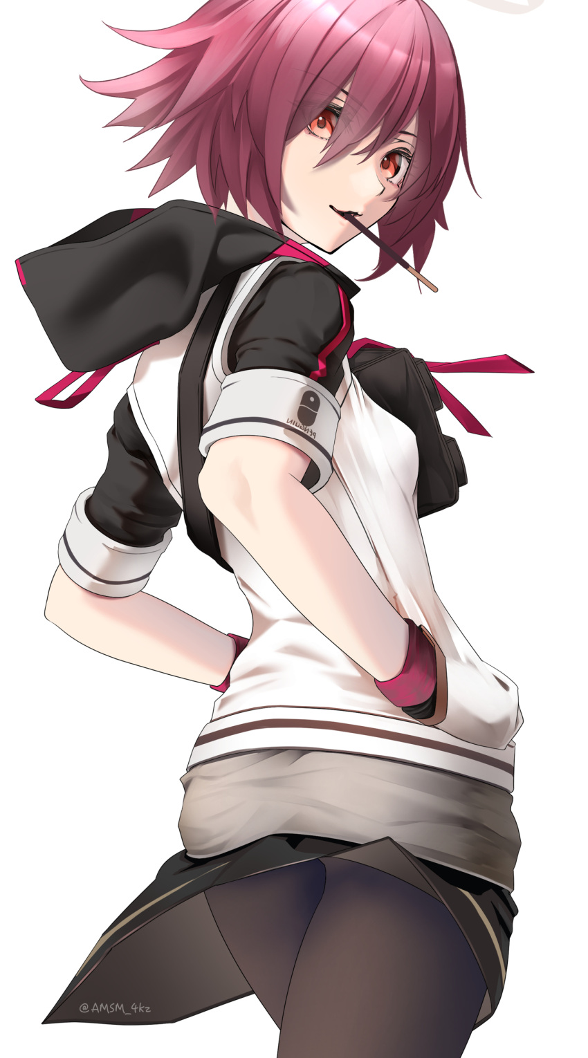 1girl, absurdres, arknights, artist_name, back, bangs, black_pantyhose, black_skirt, closed_mouth, exusiai_(arknights), food, food_in_mouth, hands_in_pockets, highres, jacket, looking_at_viewer, pantyhose, pocky, red_eyes, redhead, short_hair, short_sleeves, simple_background, skirt, smile, solo, white_background, white_jacket, yokaze_(yokajie)