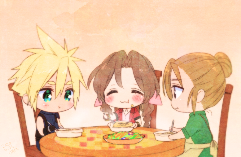 1boy, 2girls, aerith_gainsborough, apron, aqua_eyes, armor, bangle, bangs