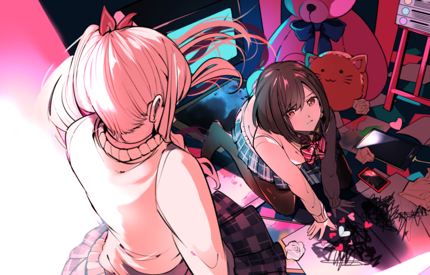 1girl, 1other, akiyama_mizuki, androgynous, bow, brown_eyes, brown_hair, closed_mouth