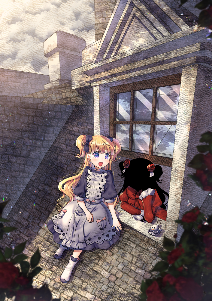 2girls, apron, bangs, black_hair, black_skin, blonde_hair, blue_bow, blue_dress