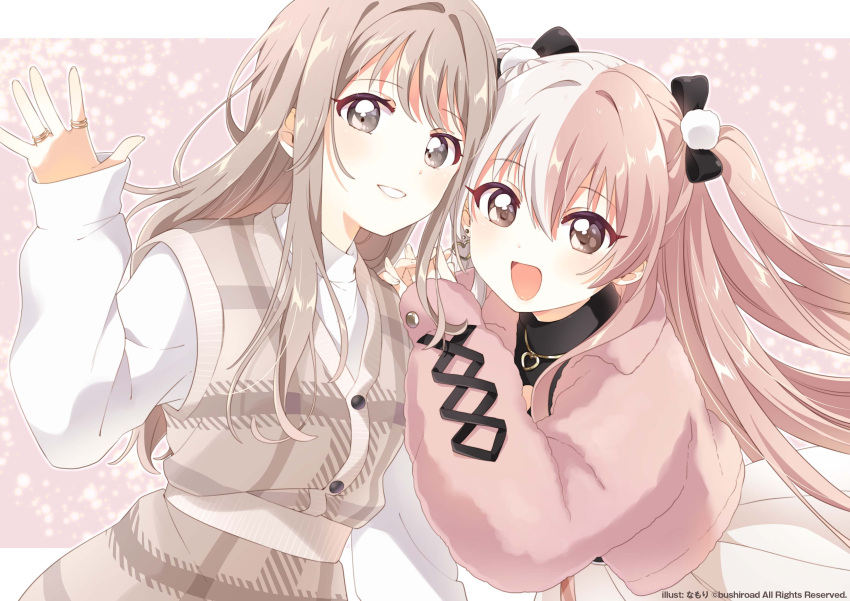 2girls, :d, absurdres, black_bow, bow, brown_eyes, d4dj, hair_between_eyes