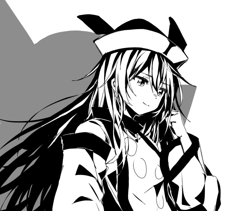 1girl, bangs, closed_mouth, commentary_request, detached_sleeves, greyscale, hand_up, hat
