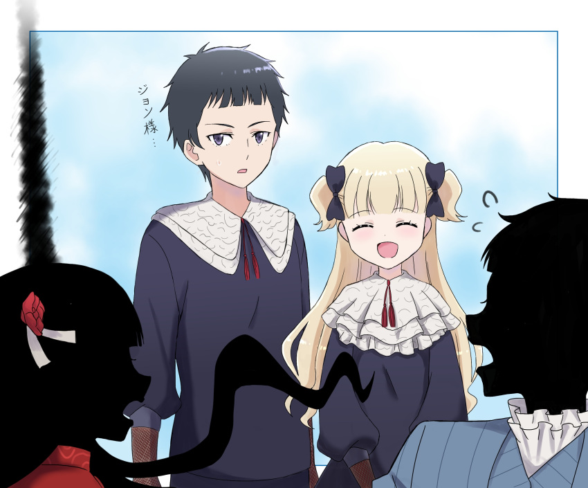 2boys, 2girls, bangs, black_hair, black_skin, blonde_hair, blue_bow, blue_dress