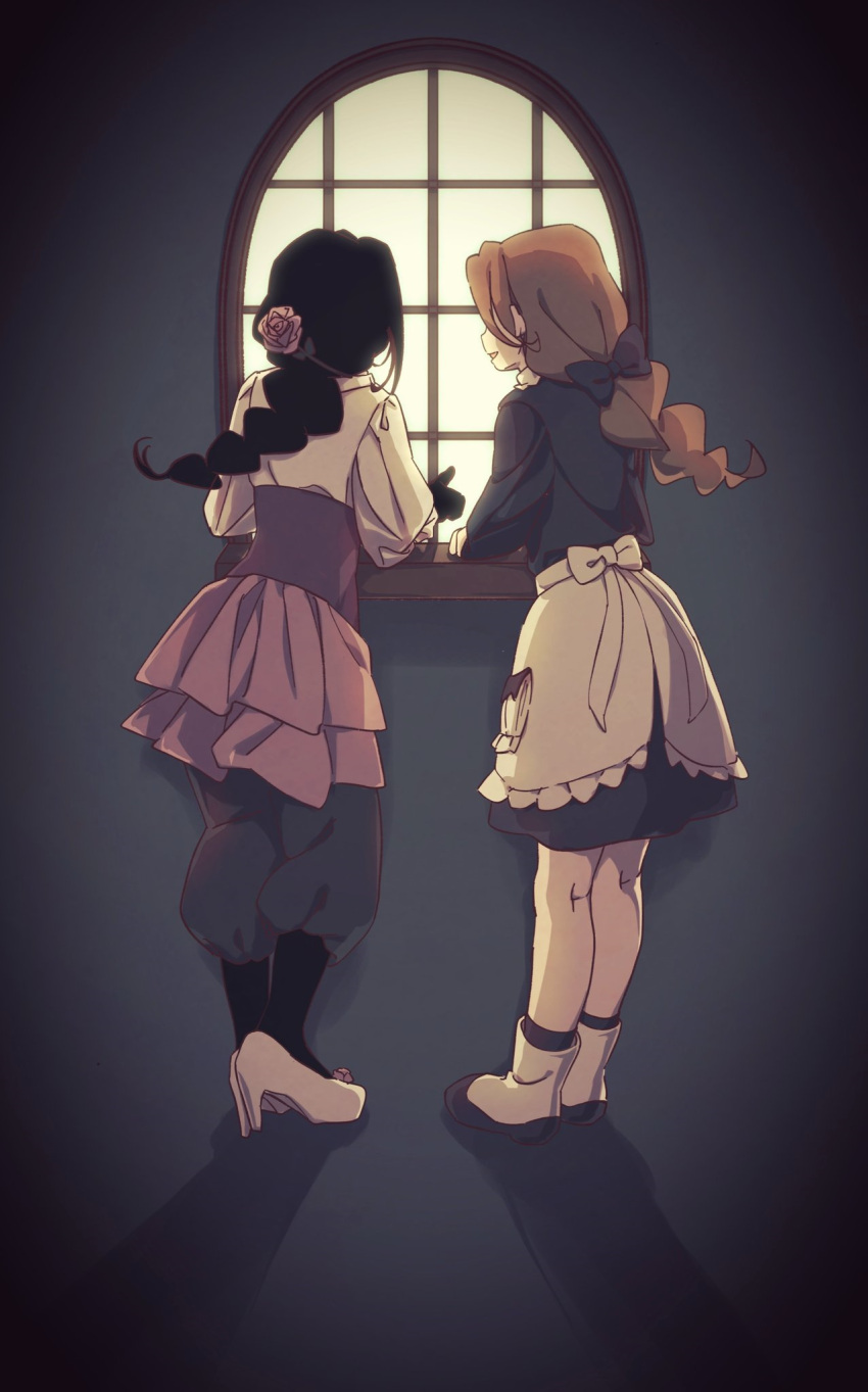 2girls, back, black_hair, black_skin, blue_dress, boro_(tn-boro), bow, braid