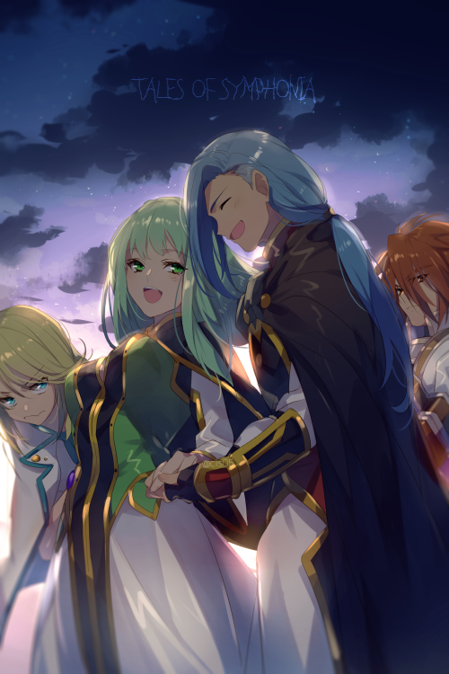 1girl, 3boys, blonde_hair, blue_hair, breasts, closed_mouth, clouds, dress