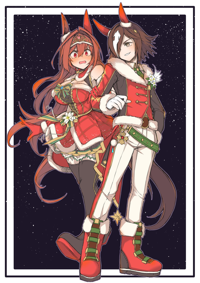 2girls, absurdres, alternate_costume, alternate_hairstyle, animal_ears, blush, boots, brown_hair