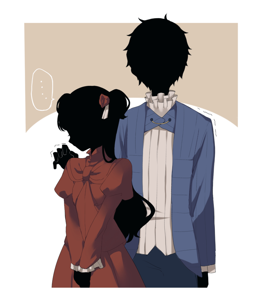 1boy, 1girl, black_hair, black_skin, blue_jacket, colored_skin, dress, flower