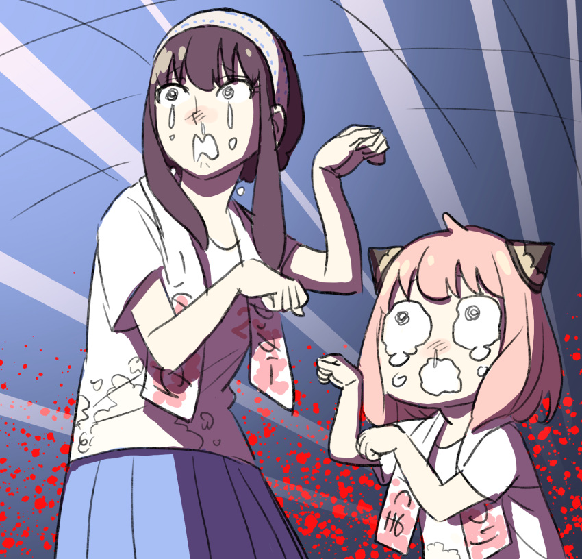 2girls, @_@, anya_(spy_x_family), black_hair, commentary, crying, crying_with_eyes_open, endou_tatsuya