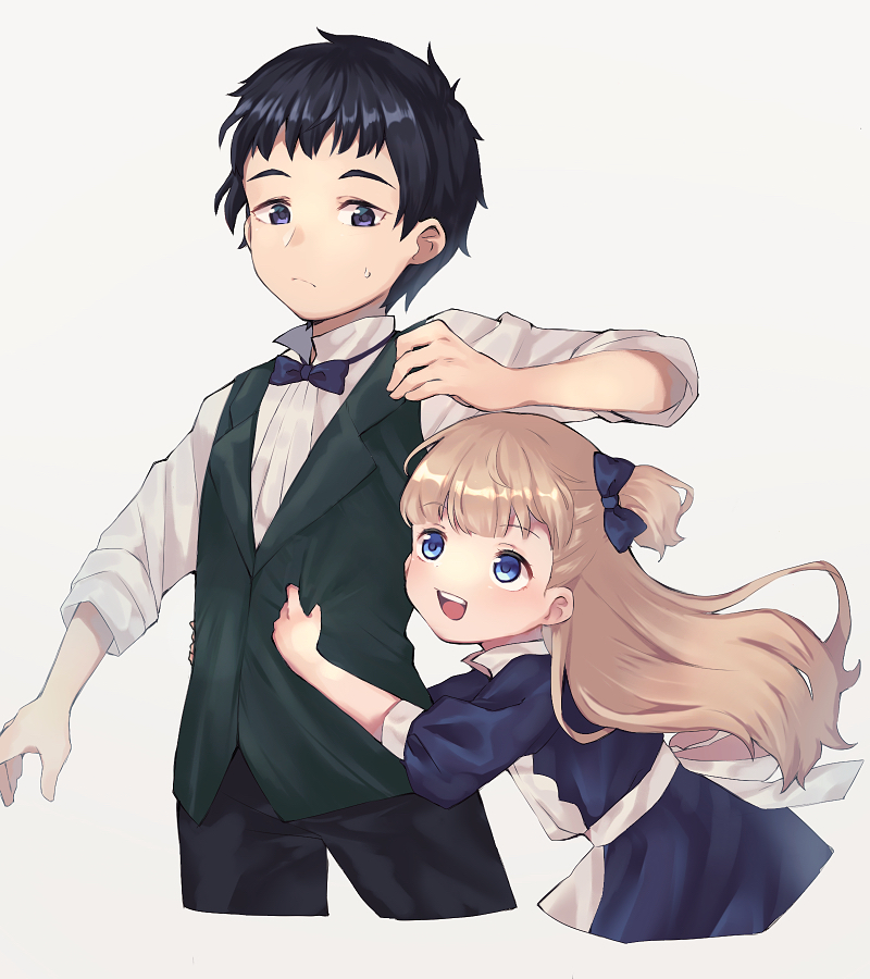 1boy, 1girl, apron, bangs, black_bow, black_hair, blonde_hair, blue_bow