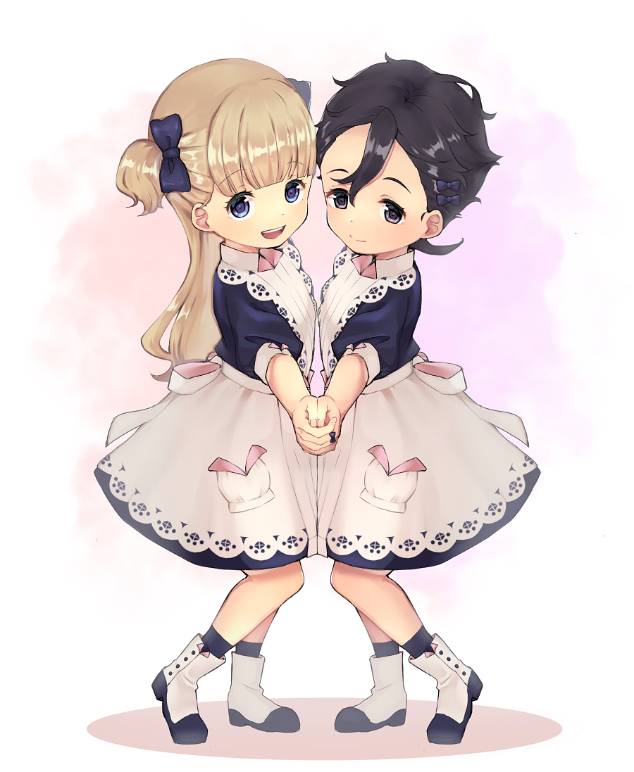 2girls, apron, bangs, black_hair, blonde_hair, blue_bow, blue_dress, blue_eyes