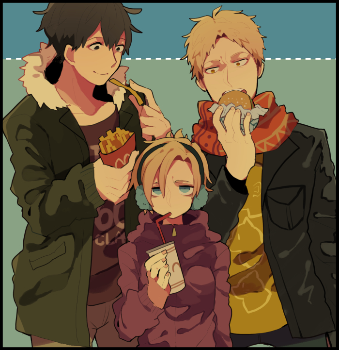1girl, 2boys, annie_leonhardt, bertolt_hoover, black_hair, blonde_hair, blue_eyes, burger