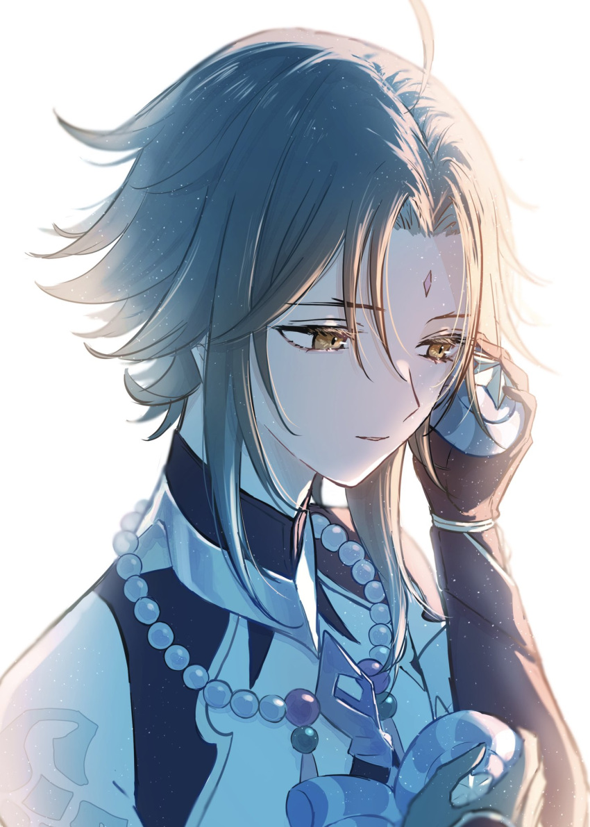 1boy, ahoge, bangs, bead_necklace, beads, black_gloves, brown_eyes, facial_mark