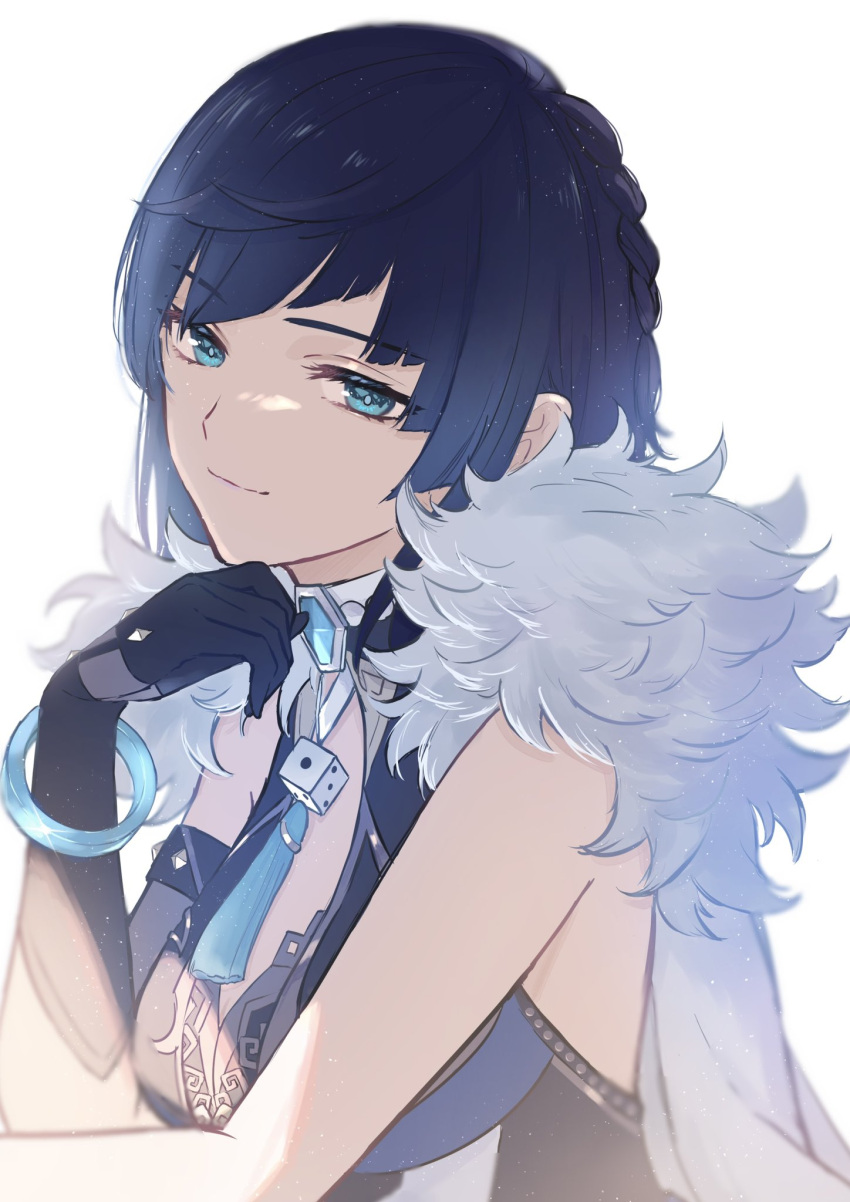 1girl, aqua_eyes, bangle, bangs, bare_shoulders, black_gloves, blue_hair, blunt_ends, bob_cut, bracelet, braid, breasts, closed_mouth, diagonal_bangs, dice, dress, fur_trim, genshin_impact, gloves, hand_to_own_face, highres, jacket, jacket_on_shoulders, jewelry, light_smile, looking_at_viewer, medium_breasts, mskmmti, short_hair, sleeveless, sleeveless_dress, solo, tassel, upper_body, white_background, white_jacket, yelan_(genshin_impact)