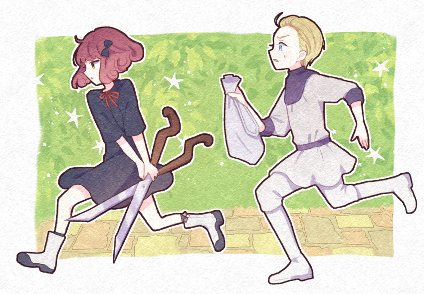 1boy, 1girl, blonde_hair, blue_dress, blue_eyes, boots, bow, bush