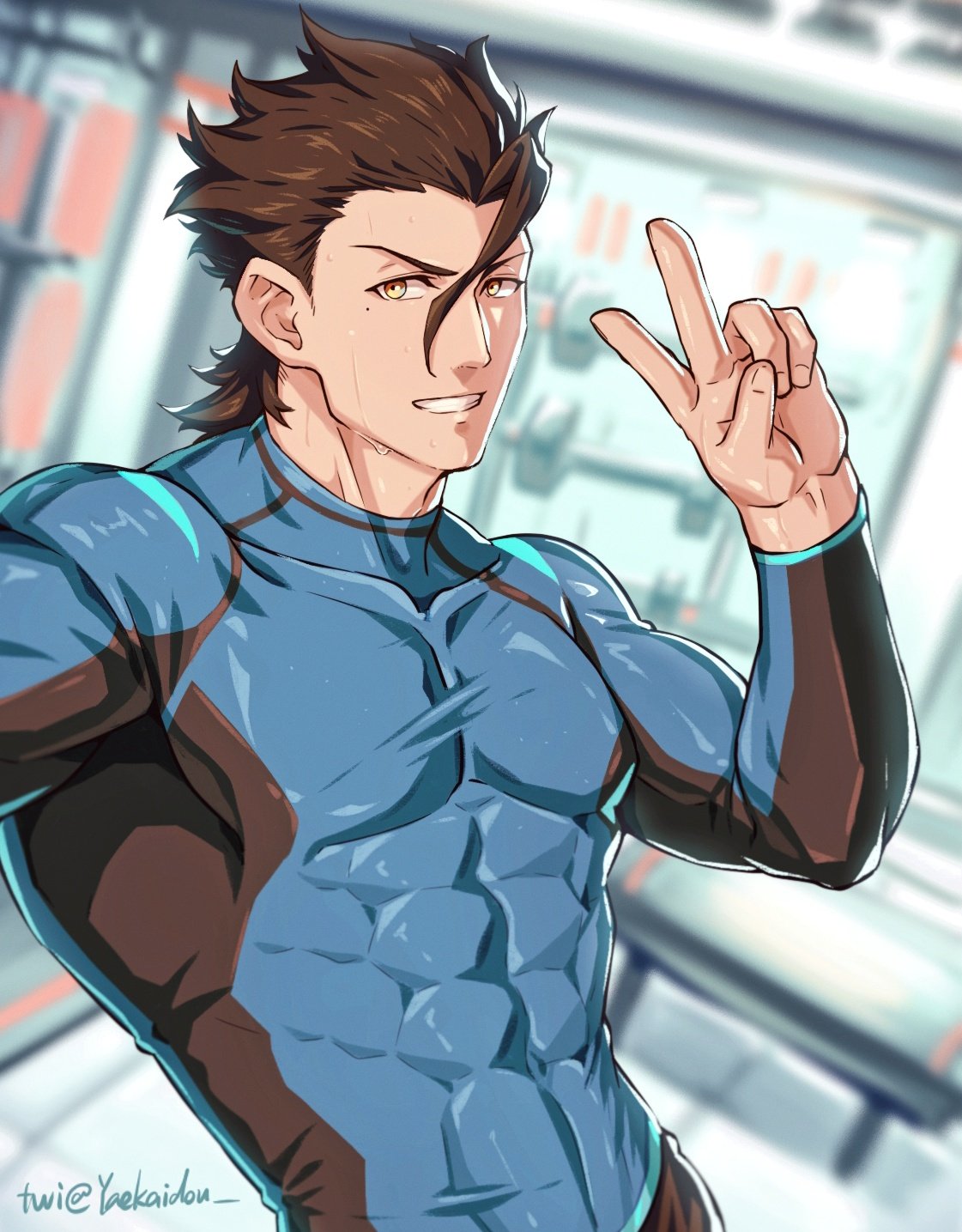 1boy, abs, artist_name, biceps, blurry, blurry_background, bodysuit, brown_hair, diarmuid_ua_duibhne_(lancer)_(fate), dumbbell, fate/zero, fate_(series), feet_out_of_frame, gym, gym_uniform, highres, long_hair, looking_at_viewer, male_focus, manly, mature_male, muscular, muscular_male, pectorals, smile, solo, spiky_hair, sweat, sweatdrop, teeth, tight, twitter_username, upper_body, v, yaekaidou, yellow_eyes