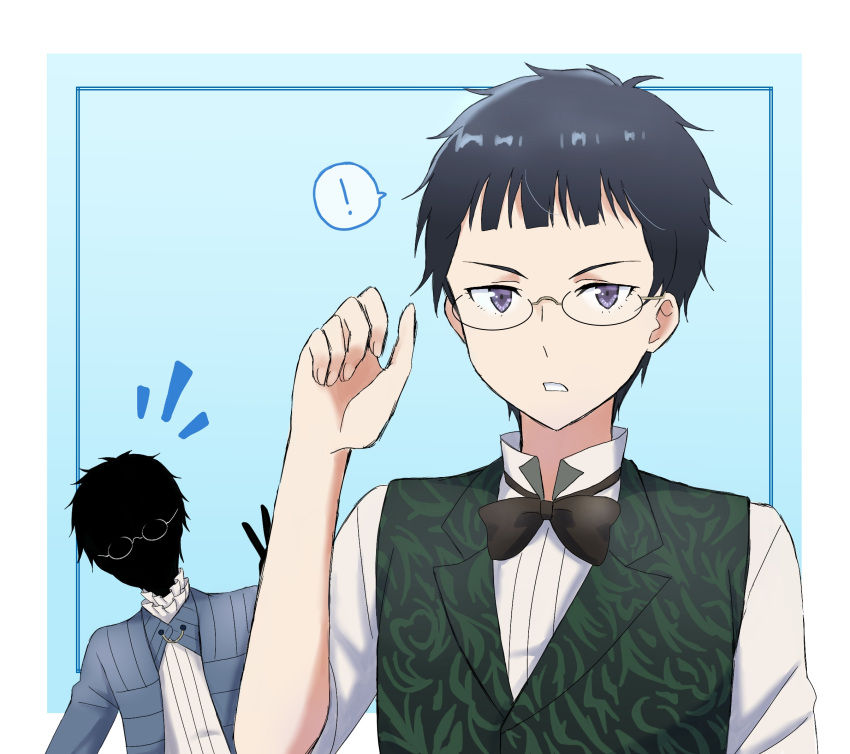 !, 2boys, black_bow, black_bowtie, black_hair, black_skin, blue_jacket, bow