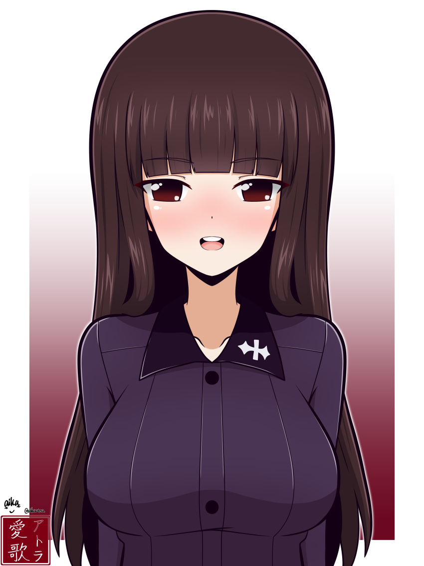 1girl, absurdres, aikazilla, alternate_costume, artist_logo, bangs, black_eyes, black_hair