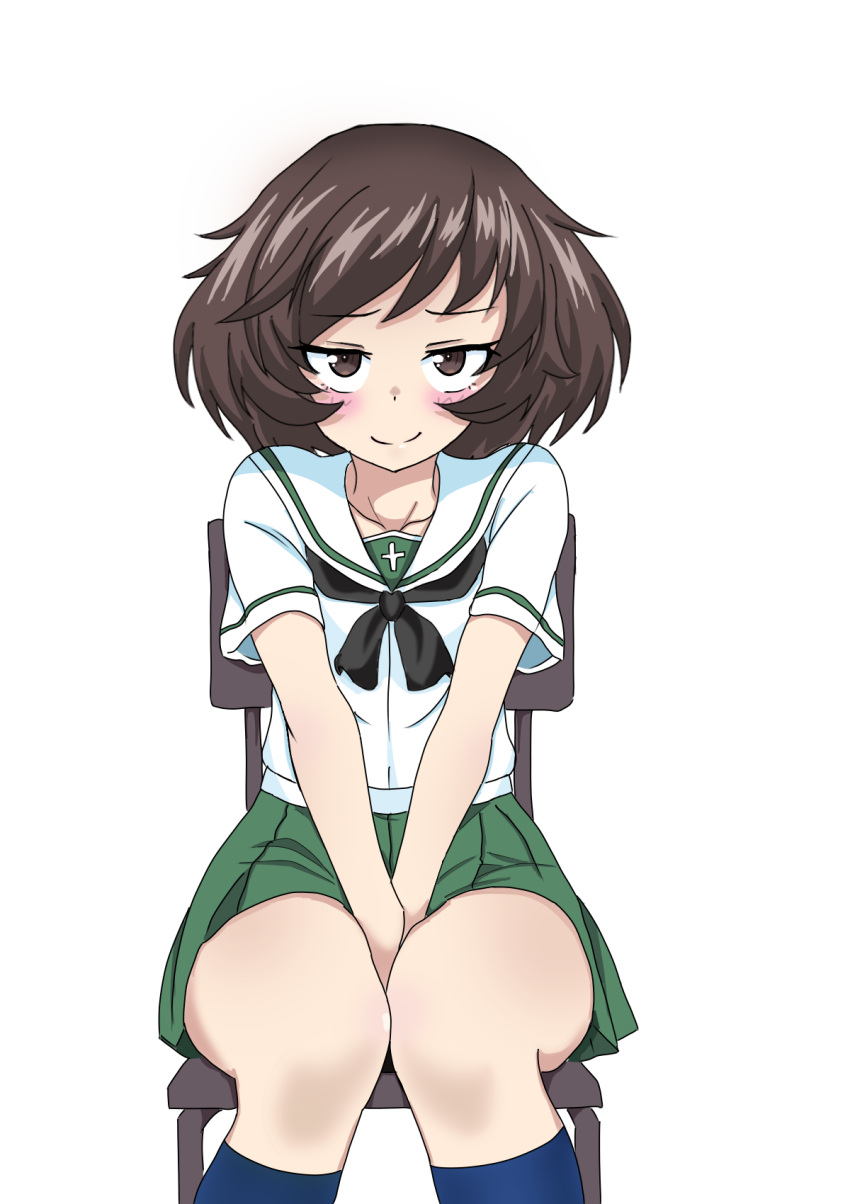 1girl, akiyama_yukari, bangs, black_neckerchief, blouse, blue_socks, blush, brown_eyes