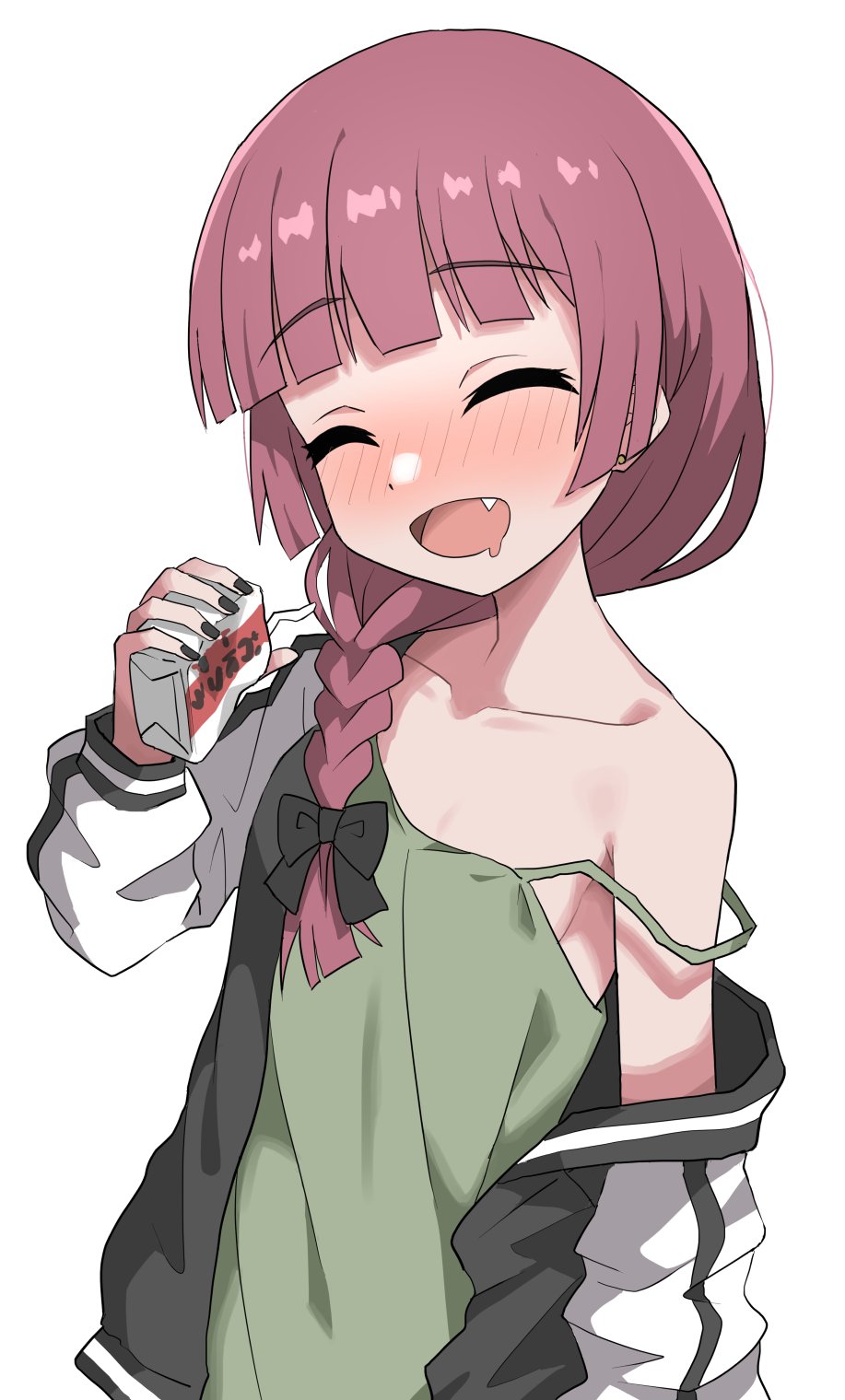 1girl, alcohol, black_nails, blush, bocchi_the_rock!, bow, braid, closed_eyes