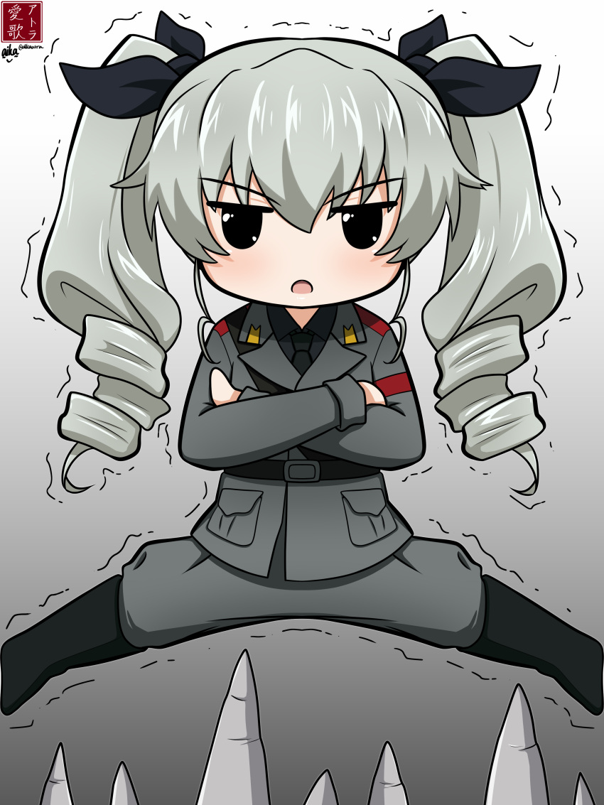 1girl, absurdres, aikazilla, alternate_eye_color, anchovy_(girls_und_panzer), anzio_military_uniform, artist_logo, bangs