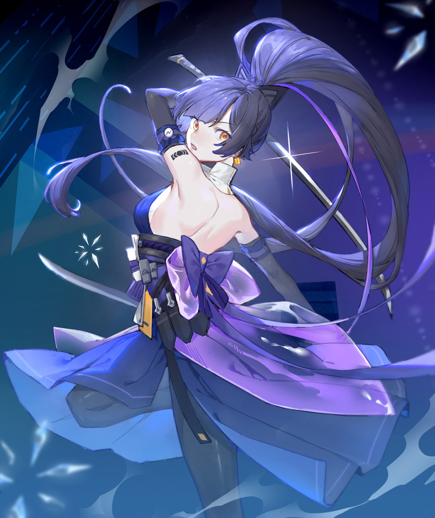 1girl, armpits, ear_piercing, feet_out_of_frame, highres, holding, holding_sword, holding_weapon, ice, japanese_clothes, katana, kimono, kunai, leggings, long_hair, looking_at_viewer, mealove1218, open_mouth, piercing, ponytail, purple_hair, ribbon, saki_fuwa_(tower_of_fantasy), skirt, solo, sword, tattoo, tower_of_fantasy, weapon, yellow_eyes