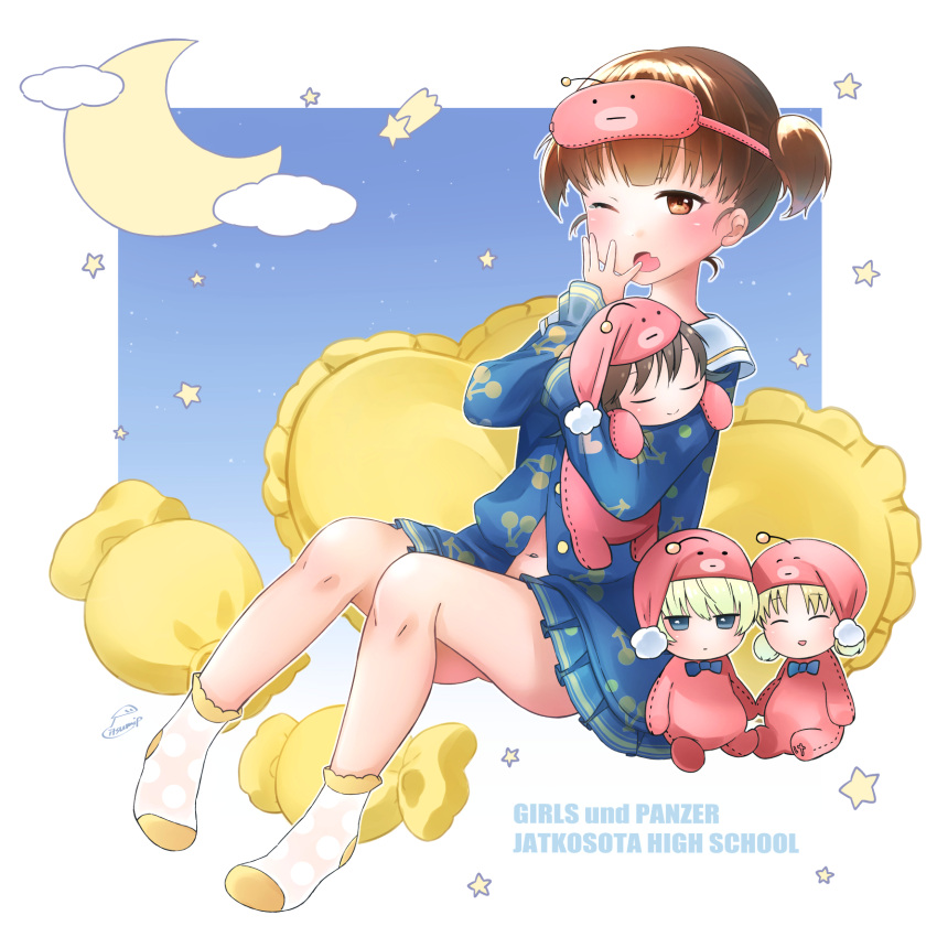 4girls, aki_(girls_und_panzer), anglerfish_costume, artist_name, blonde_hair, blue_eyes, blue_shirt, blue_skirt, brown_eyes, brown_hair, chibi, closed_eyes, closed_mouth, collared_shirt, commentary, crescent_moon, english_commentary, frilled_pillow, frilled_socks, frills, girls_und_panzer, hat, highres, holding, itsumip, long_sleeves, looking_at_viewer, midriff_peek, mika_(girls_und_panzer), mikko_(girls_und_panzer), minigirl, miniskirt, moon, multiple_girls, navel, nightcap, outside_border, pajamas, pillow, pleated_skirt, print_shirt, shirt, short_twintails, signature, sitting, skirt, sky, sleep_mask, sleepwear, sleepy, smile, socks, star_(sky), starry_sky, twintails, white_socks, yawning, youko_(girls_und_panzer)