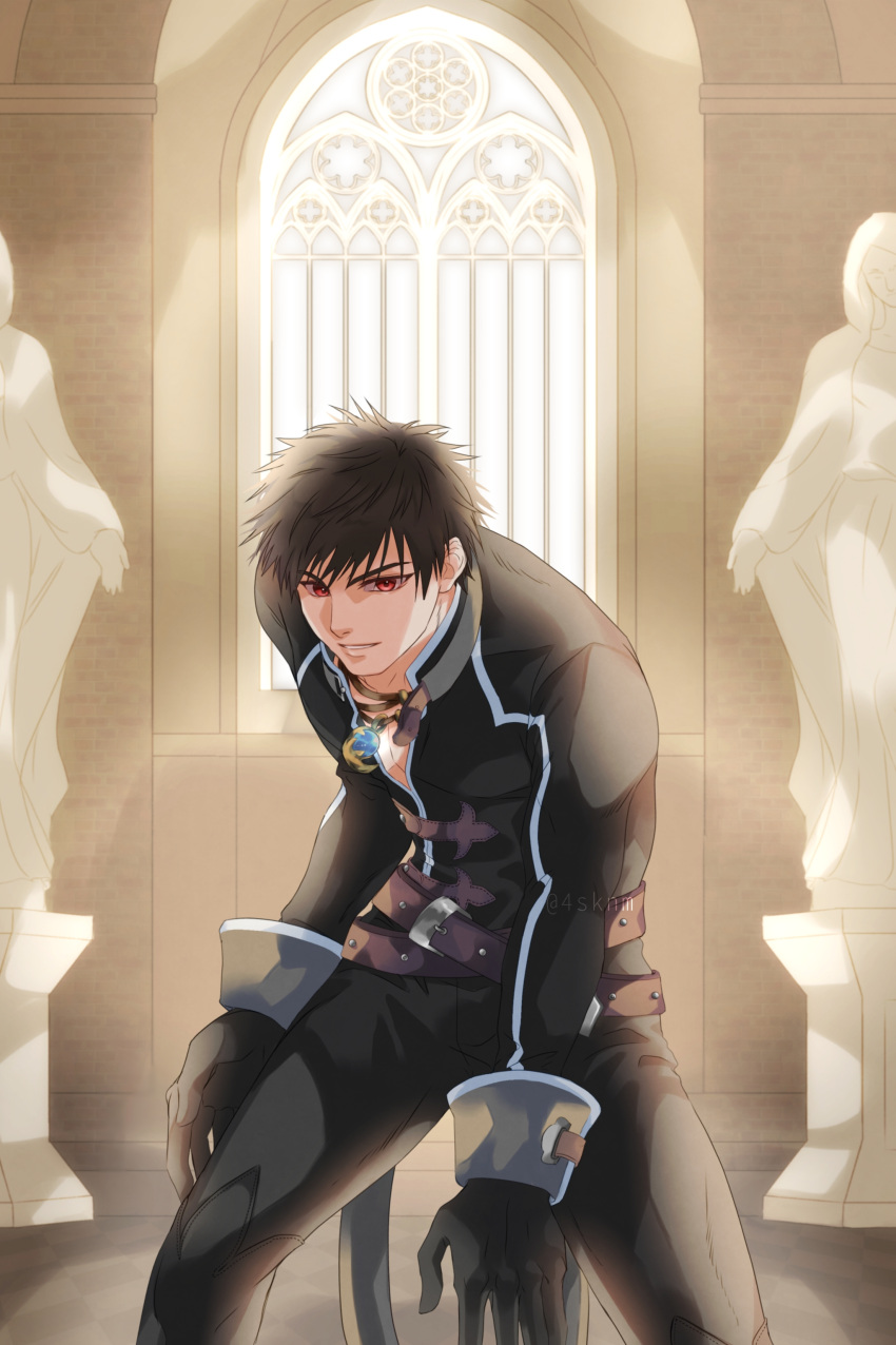 absurdres, belt, black_gloves, black_pants, brown_belt, brown_hair, church, gloves