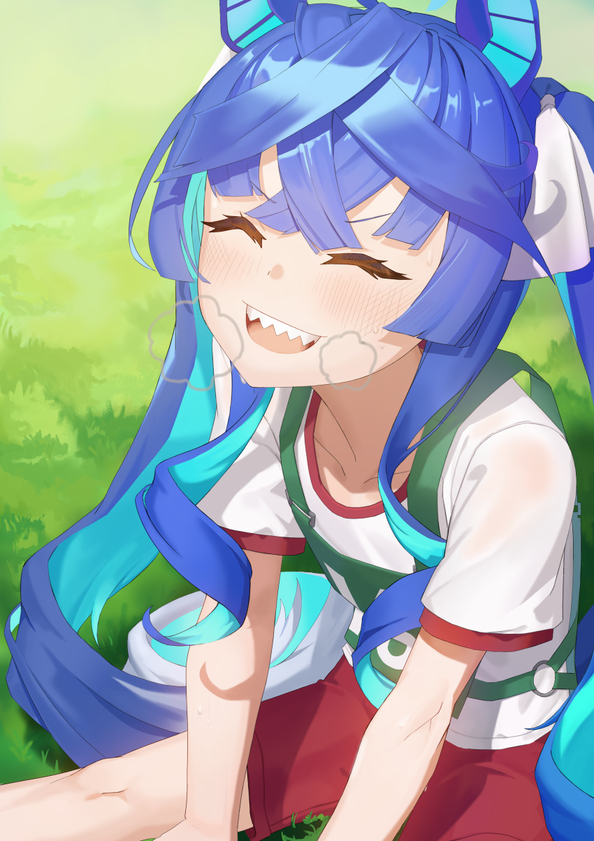 1girl, :d, absurdres, ahoge, aqua_hair, bangs, blue_hair, breath