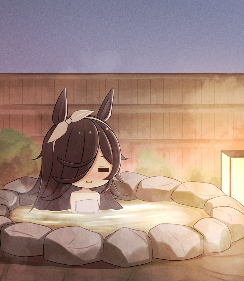 1girl, =_=, animal_ears, blush, commentary_request, fence, hair_over_one_eye, headband