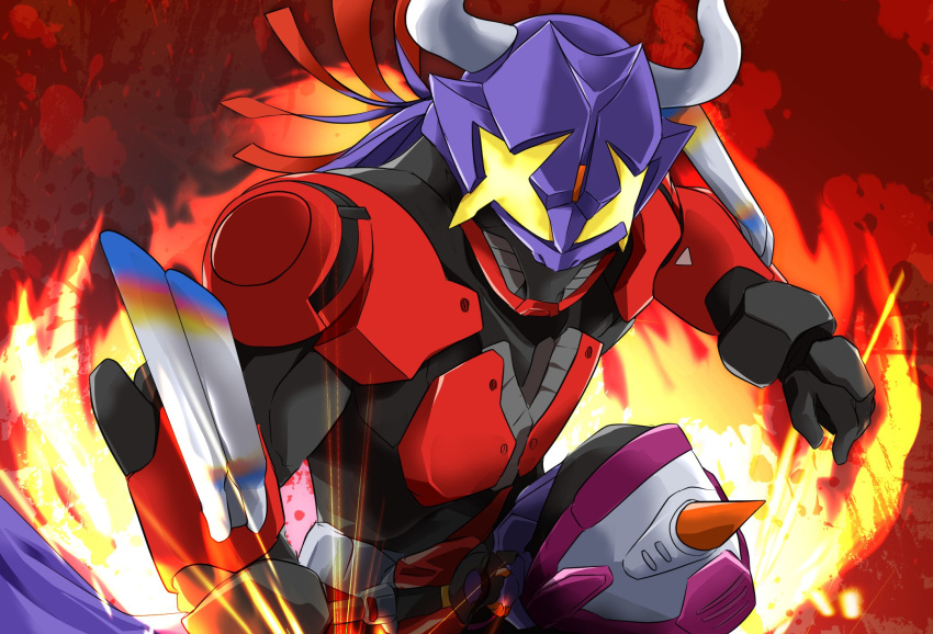 1boy, boost_buckle, boost_zombie, claw_(weapon), clenched_hands, commentary, exhaust_pipe, fake_tail, fiery_background, fire, glowing, glowing_eyes, gradient_hair, highres, horns, kamen_rider, kamen_rider_buffa, kamen_rider_geats_(series), knee_spikes, landing, male_focus, miyabi_(037), multicolored_hair, purple_hair, purple_headwear, purple_scarf, red_armor, red_background, redhead, scarf, solo, spikes, tail, wall, weapon, zombie_buckle