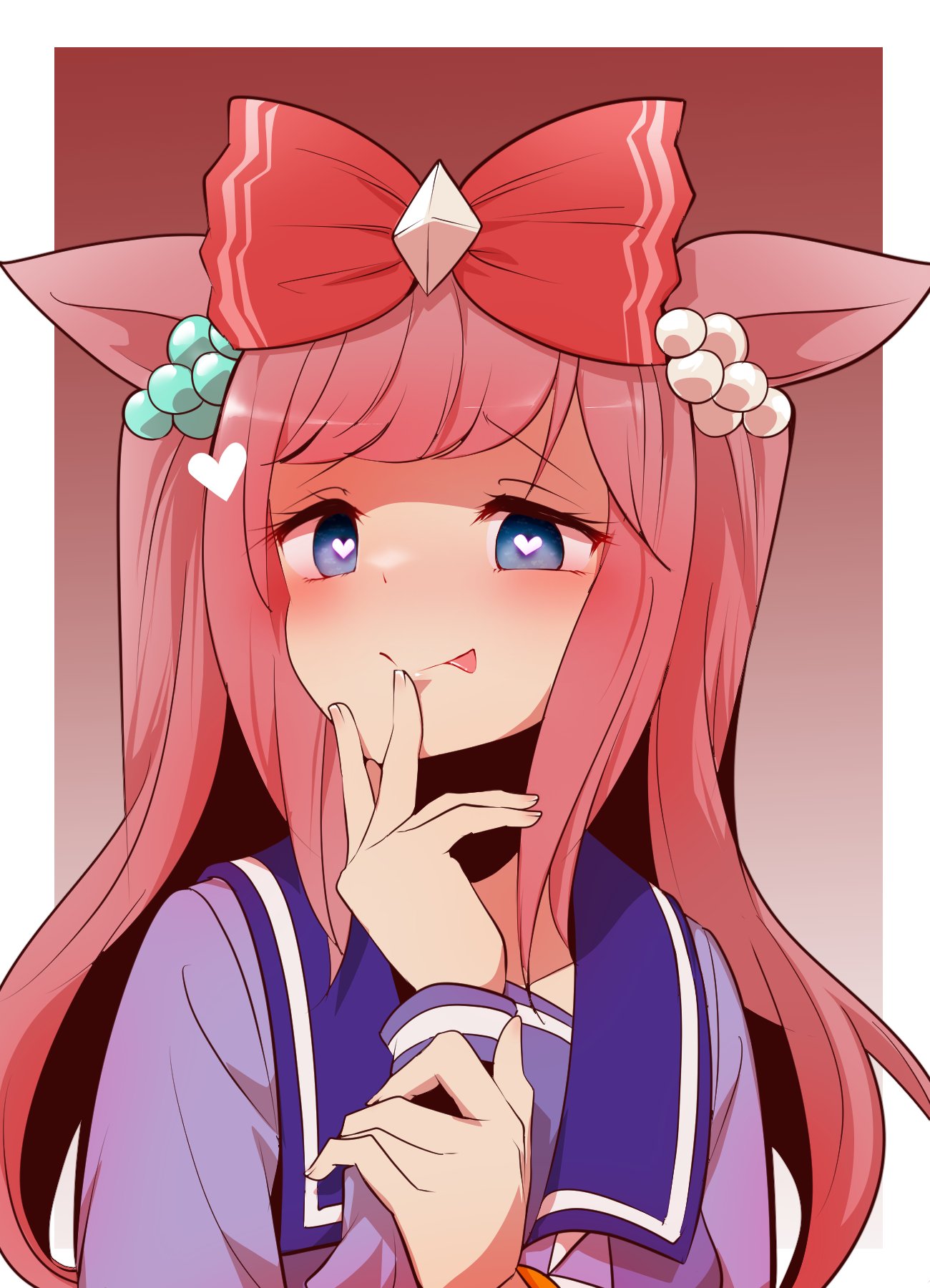 :p, agnes_digital_(umamusume), animal_ears, beads, blush, bow, collarbone, hair_beads
