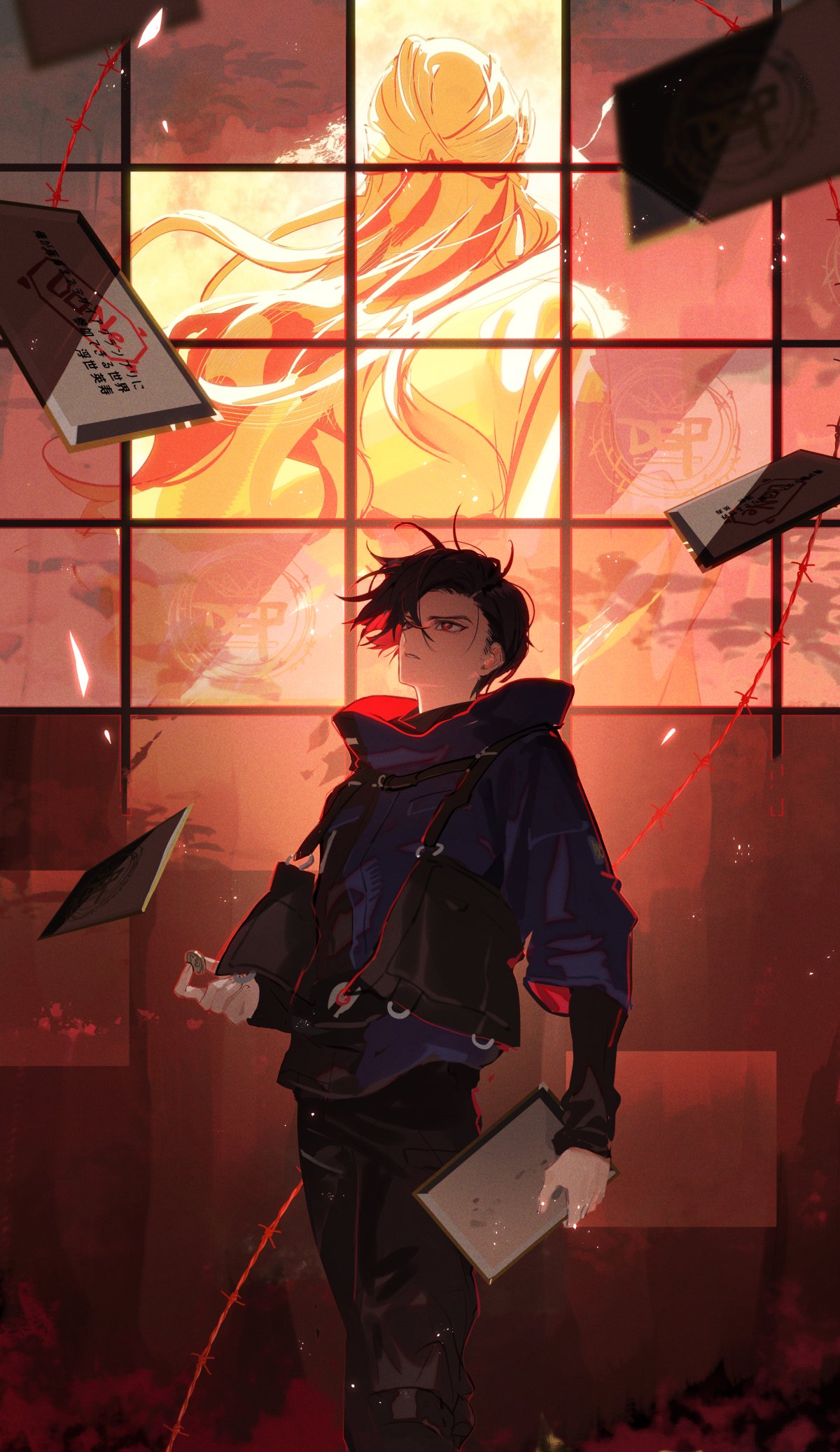 1boy, 1girl, black_hair, black_shirt, black_sleeves, coin, colored_inner_hair, desire_driver