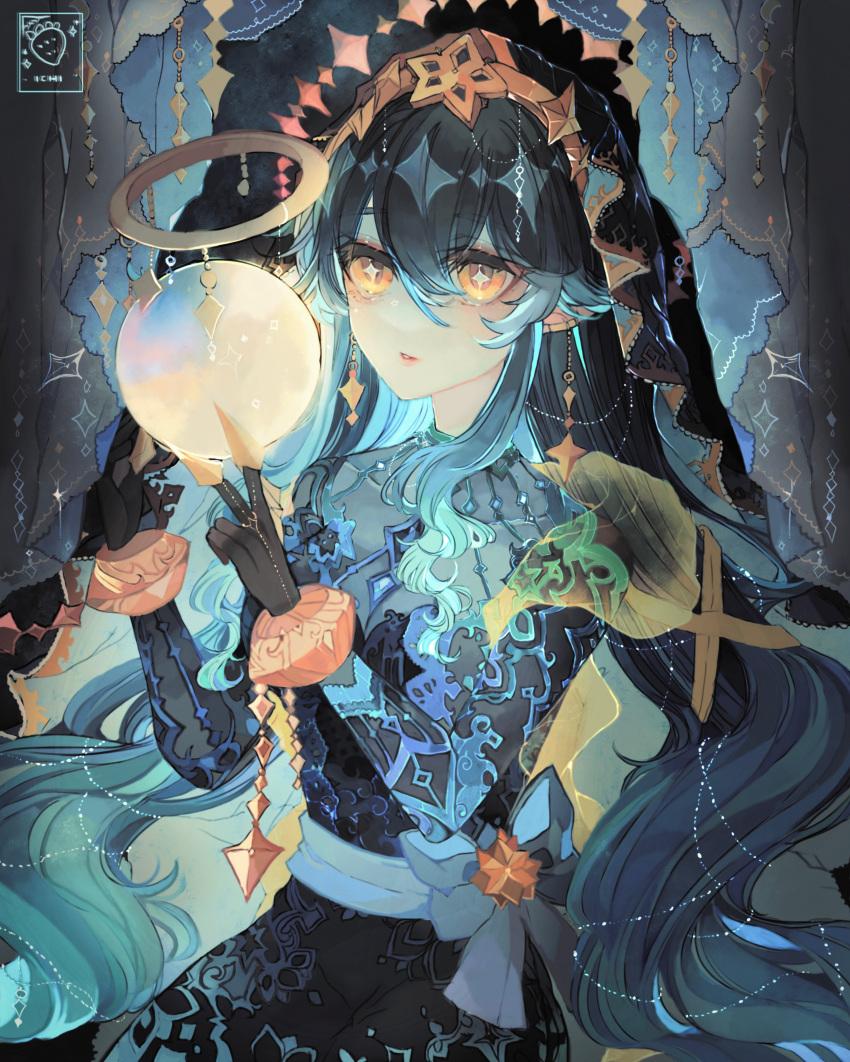 1girl, absurdres, aqua_hair, artist_logo, bangle, black_hair, bow, bracelet, brooch, genshin_impact, hair_between_eyes, highres, ichigoh, jewelry, kebaya, layla_(genshin_impact), long_hair, multicolored_hair, orb, sitting, solo, two-tone_hair, veil, very_long_hair, waist_bow, yellow_eyes