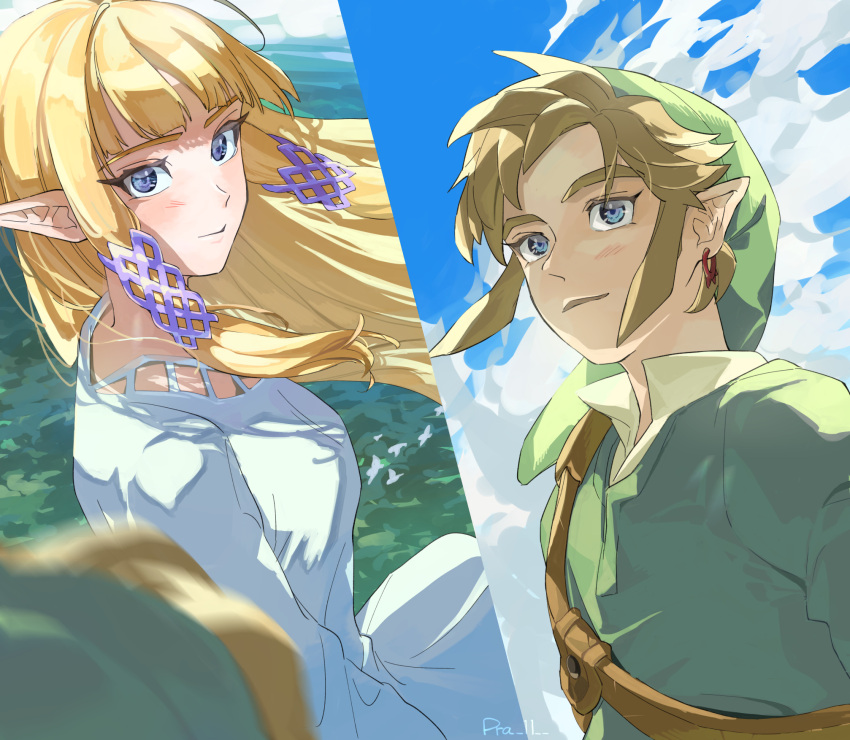 1boy, 1girl, artist_name, bangs, blonde_hair, blue_eyes, blue_sky, blunt_bangs