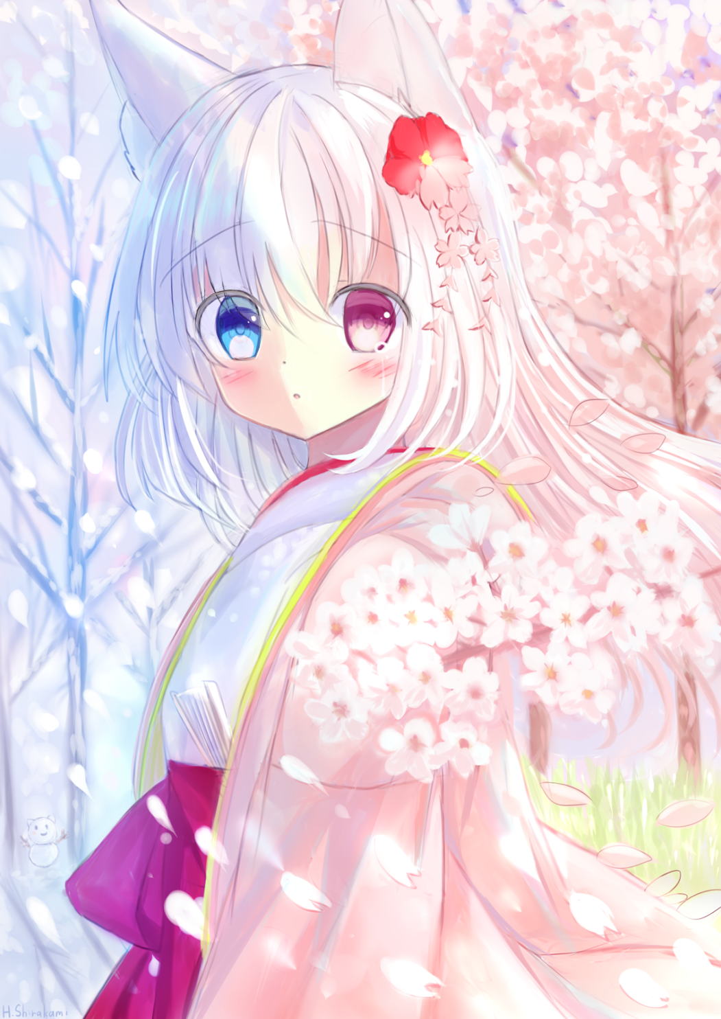 1girl, bangs, bare_tree, blue_eyes, blush, cherry_blossoms, crying, flower