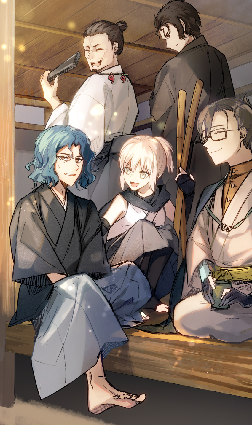 1girl, 4boys, :d, ^_^, absurdres, arm_guards, barefoot, between_legs