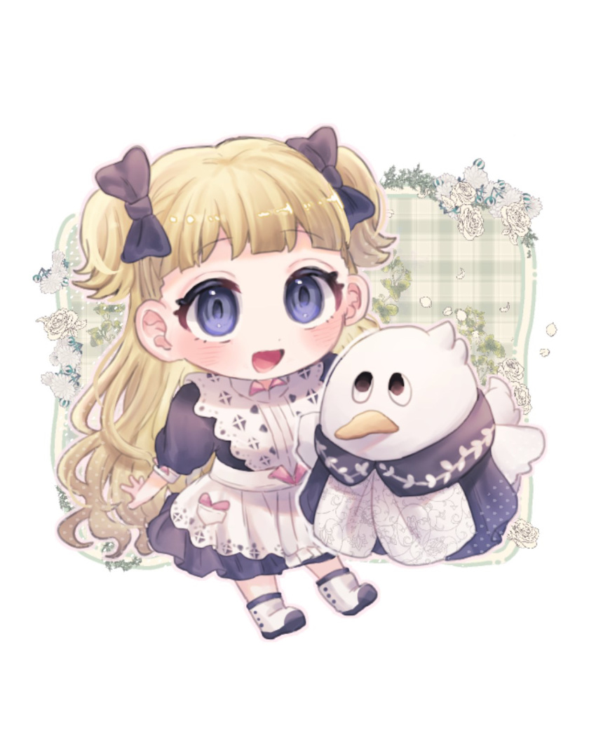 1girl, apron, bangs, blonde_hair, blue_bow, blue_dress, blue_eyes, blunt_bangs