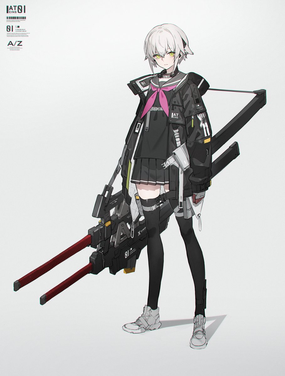 1girl, character_request, fingerless_gloves, gloves, green_eyes, heavily_armed_high_school_girls, highres, jacket