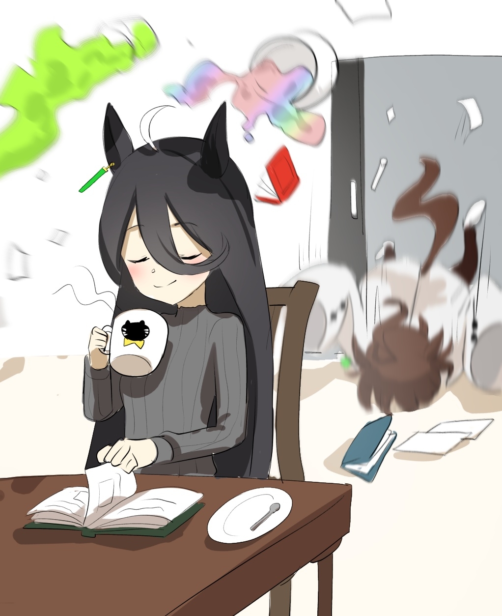 2girls, afterimage, agnes_tachyon_(umamusume), ahoge, alternate_costume, animal_ears, bangs, black_hair