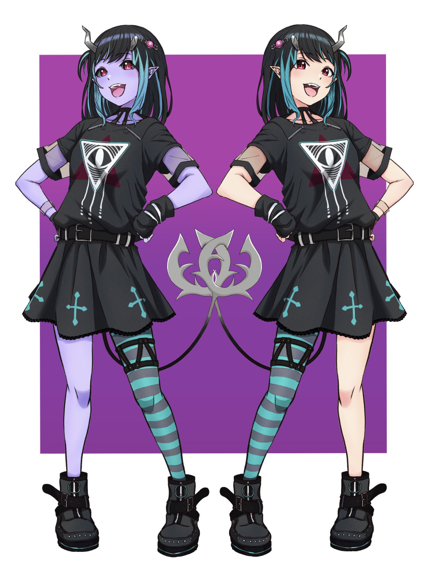 2girls, 774_inc., absurdres, bangs, belt, black_belt, black_dress, black_footwear