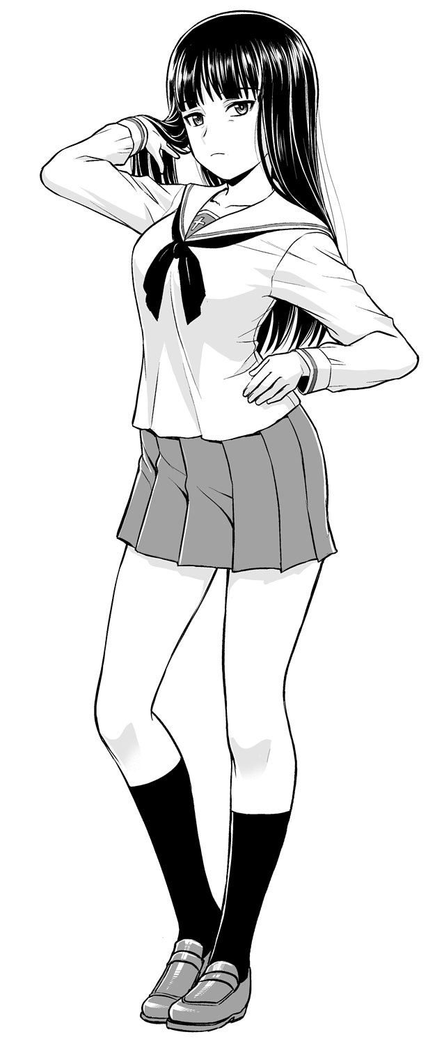 1girl, bangs, black_hair, black_neckerchief, black_socks, blunt_bangs, full_body, girls_und_panzer, greyscale, highres, loafers, long_hair, long_sleeves, looking_at_viewer, monochrome, neckerchief, nishizumi_shiho, ooarai_school_uniform, pleated_skirt, sailor_collar, school_uniform, serafuku, shirt, shoes, simple_background, skirt, socks, solo, straight_hair, white_background, white_sailor_collar, white_shirt, yoshida_hajime