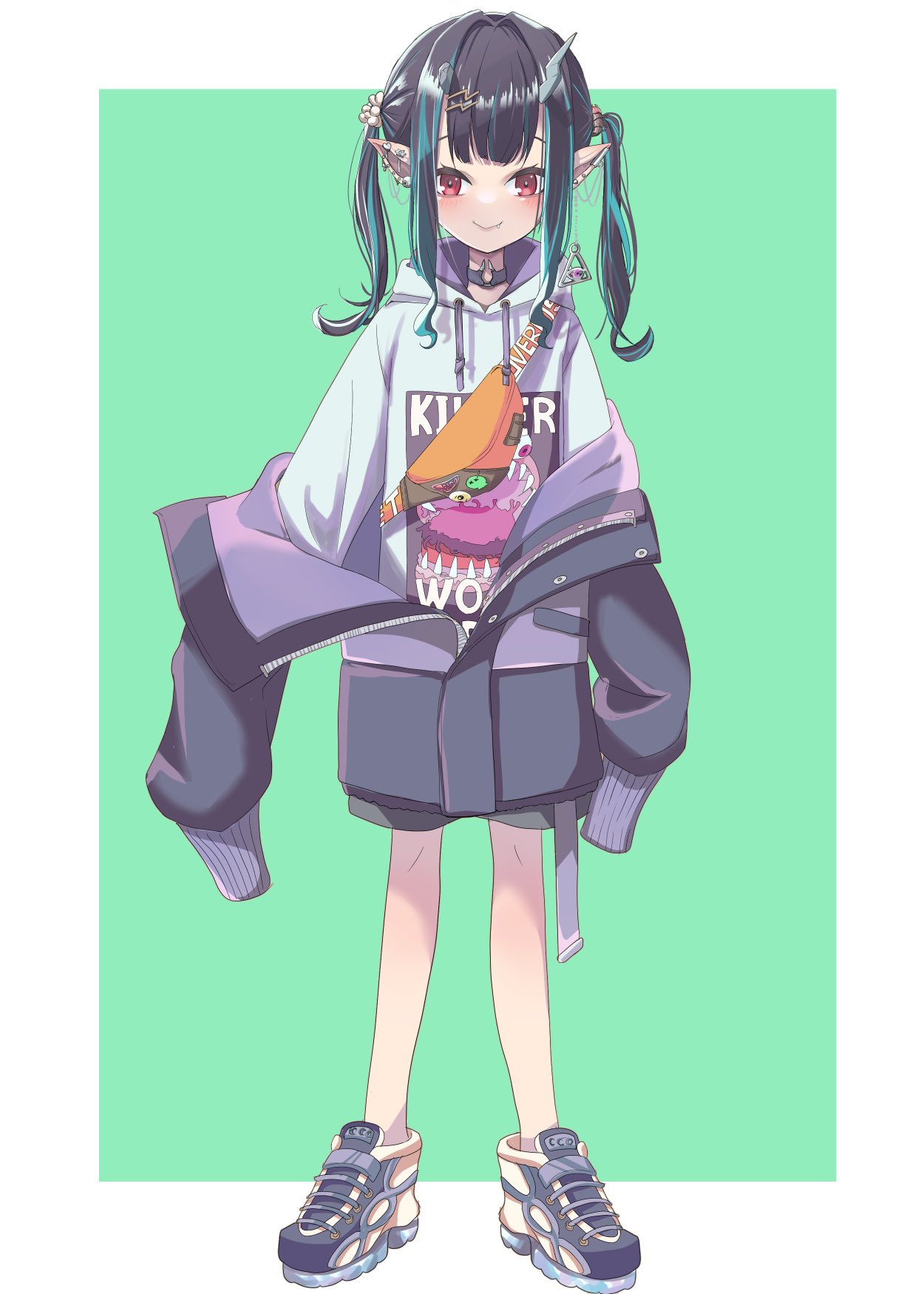 1girl, 774_inc., alternate_costume, alternate_hairstyle, bangs, black_hair, black_jacket, blue_hair
