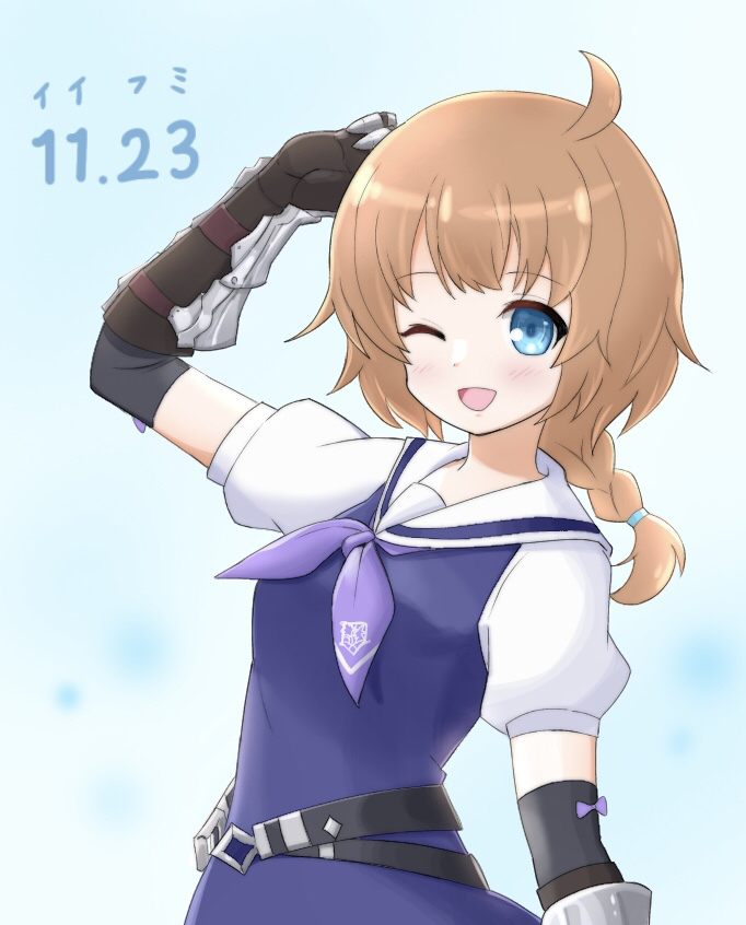 1girl, ;d, ahoge, arm_at_side, arm_up, assault_lily, bangs, belt