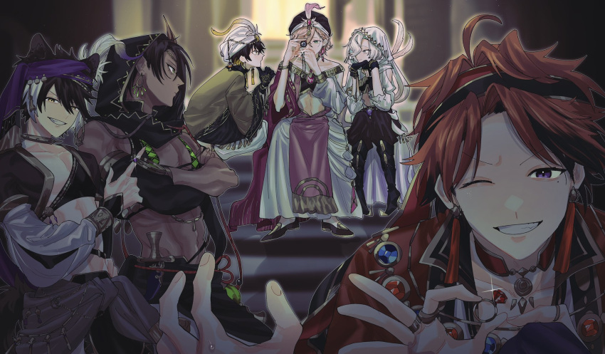 6+boys, ahoge, animal_ears, aqua_hair, arabian_clothes, aragami_oga, bangs, black_footwear