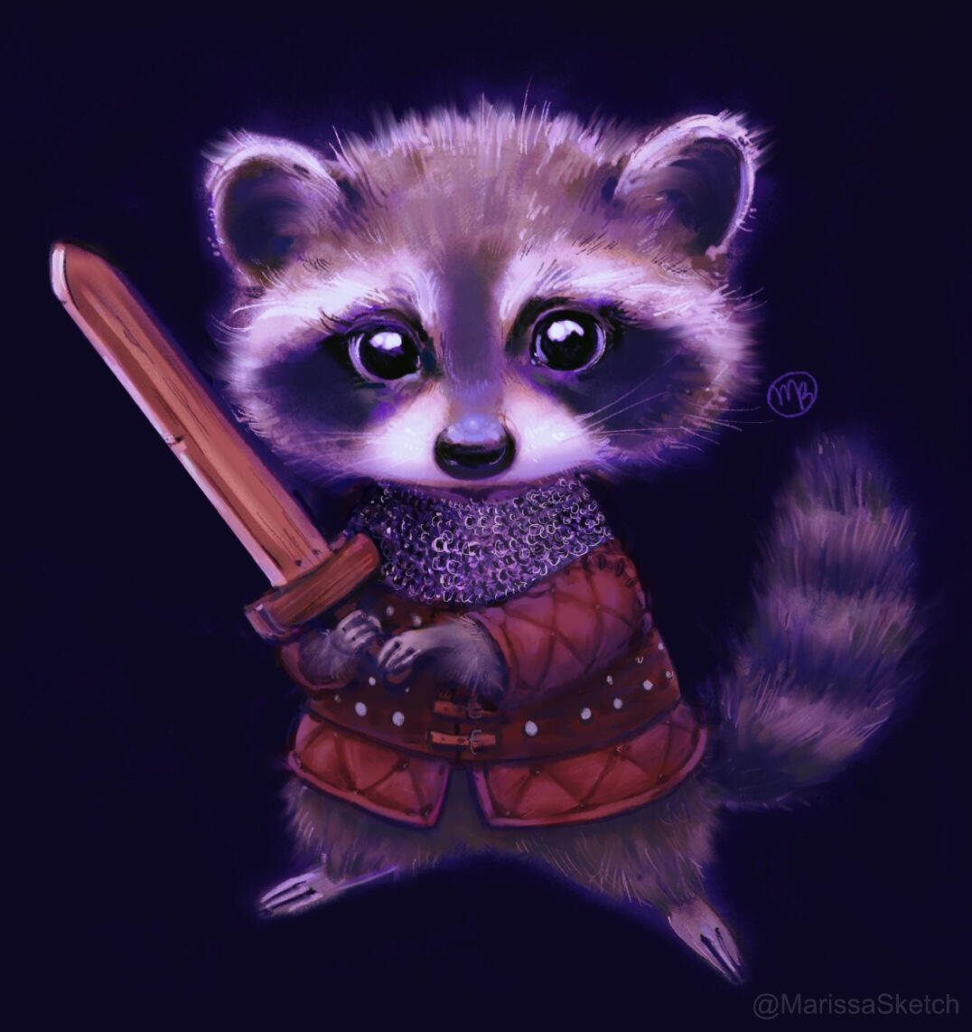 animal, armor, artist_name, black_background, black_eyes, holding, holding_sword, holding_weapon, looking_at_viewer, marissa_(marissasketch), no_humans, original, personification, raccoon, solo, standing, sword, watermark, weapon, wooden_sword