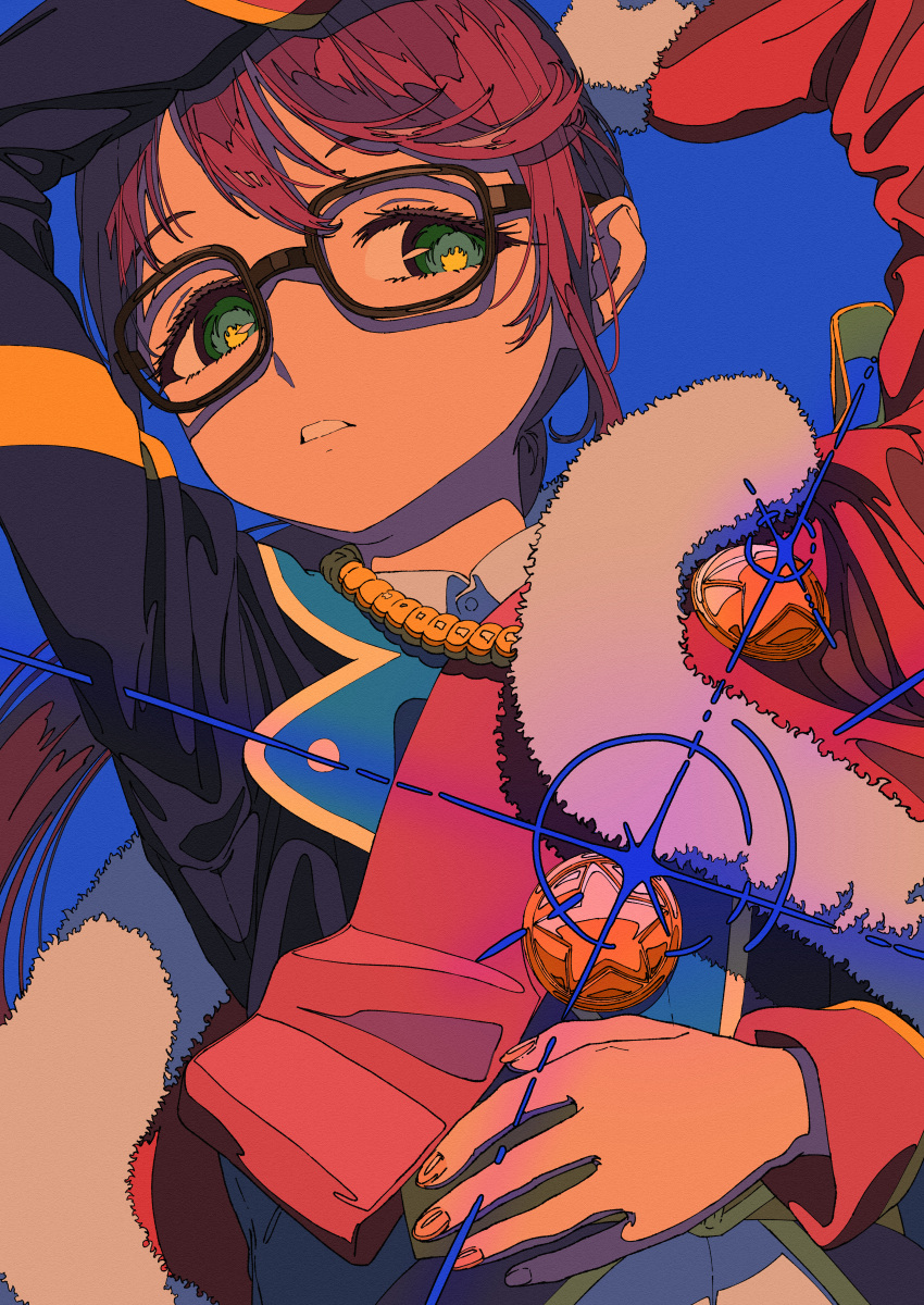 1girl, absurdres, arm_up, bangs, black-framed_eyewear, blue_background, blue_jacket, bright_pupils