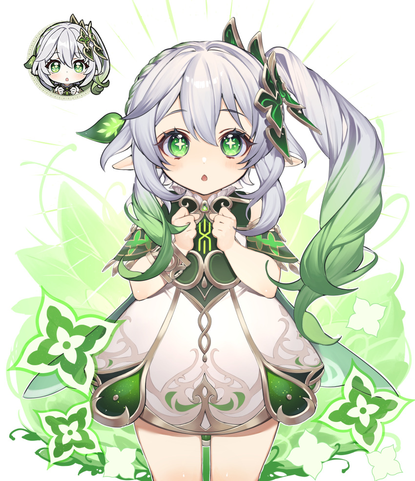 1girl, absurdres, bangs, bracelet, braid, cape, chibi, chibi_inset, clenched_hands, commentary_request, detached_sleeves, dress, ebibi_chiriri, genshin_impact, gradient_hair, green_eyes, hair_between_eyes, hair_ornament, highres, jewelry, long_hair, looking_at_viewer, multicolored_hair, nahida_(genshin_impact), parted_lips, pointy_ears, short_sleeves, side_ponytail, sidelocks, single_braid, solo, symbol-shaped_pupils, white_dress, white_hair
