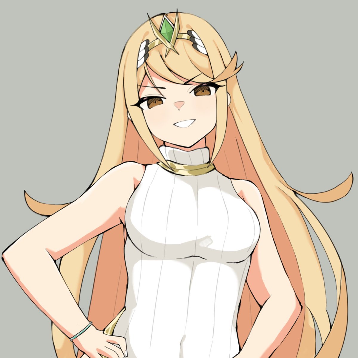 1girl, hands_on_hips, highres, iamrardib, mythra_(xenoblade), solo, standing, white_background, xenoblade_chronicles_(series), xenoblade_chronicles_2, xenoblade_chronicles_3