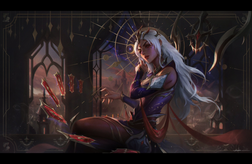 1girl, absurdres, bangs, bare_shoulders, breasts, brown_pantyhose, building, card, dark-skinned_female, dark_skin, detached_sleeves, dress, english_commentary, from_side, gem, grey_hair, hair_ornament, highres, indoors, karma_(league_of_legends), large_breasts, league_of_legends, letterboxed, long_hair, lor_baa, pantyhose, parted_lips, playing_card, shiny, shiny_hair, shiny_skin